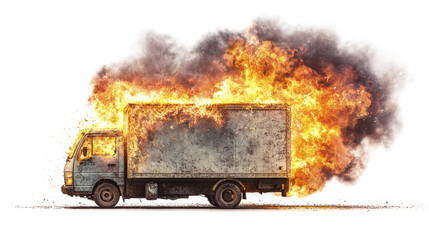 Delivery truck engulfed in vivid flames with thick black smoke rising, creating dramatic and intense scene of fire and destruction in photorealistic style