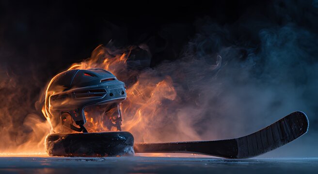 Hockey helmet and stick on fire in dark background with smoke