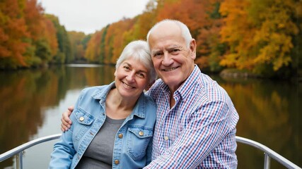 Senior Couple Smiling Together by a River in Autumn for Family Blogs, Relationship Advice Websites, Retirement Content, and Social Media Posts  