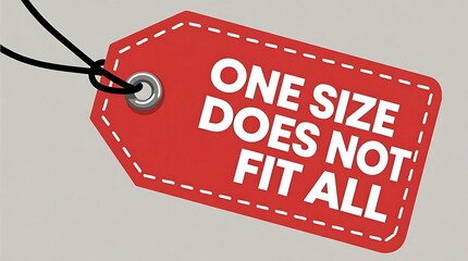 A bright red retail tag with white text stating one size does not fit all symbolizing individuality and the need for personalized solutions in fashion and life