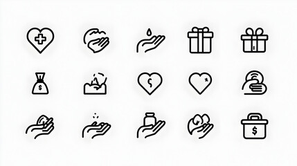 A collection of black and white line art icons depicting charity and donation concepts in a grid format