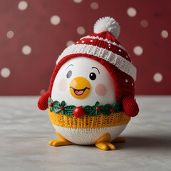 White egg in a red and white sweater with a Christmas hat on its head. Merry Christmas and New Year theme.