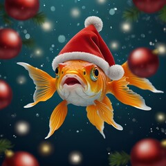 Goldfish with a Christmas hat on its head. Merry Christmas and New Year theme.