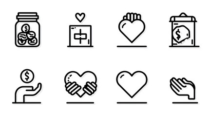 Collection of donation and charity icons featuring money jar box heart and hand in black and white style
