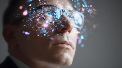 Close-up of a person wearing glasses with digital overlays.