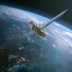 Fototapeta premium Advanced satellite orbits the Earth, capturing stunning views of continents at night.