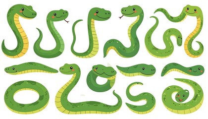 Fototapeta premium A collection of various cartoon snakes in different poses, all bright green with cute expressions.