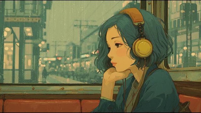 stylish manga- A beautiful girl with a Casual clothes and headphones in Sitting alone on a retro train, quietly looking out