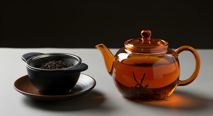 Embrace Tranquility: Aromatic herbal tea steeping in glass teapot and black infuser, perfect for relaxation, mindful breaks, or creating cozy, inviting atmospheres at home