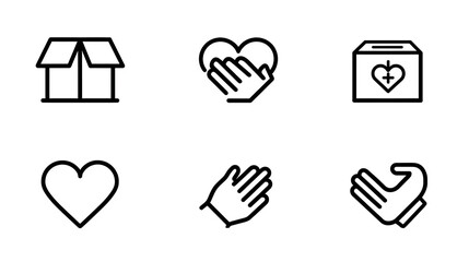 A set of six black and white line drawing icons depicting charity donation and helping hands concepts