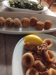 varied tapas, croquettes and breaded squid