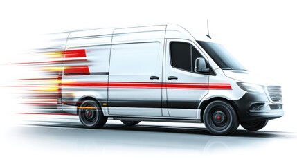 White delivery van with red stripes speeding on white background, motion blur effect showing fast transportation and express shipping service with dynamic energy and modern design
