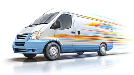 White delivery van with blue and orange speed lines graphic design moving fast on reflective surface, conveying quick and efficient transportation service