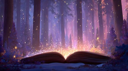 A magical book opens in a winter forest.