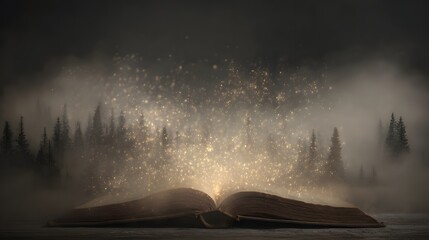 An open book, revealing a magical forest scene.