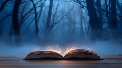 Open book with magical sparks in a mystical forest.