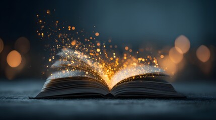 Open book with magical golden sparks.