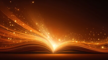 Open book with golden light and sparkling particles.