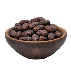 Obraz premium Delicious, Medjool dates overflowing in a rustic wooden bowl, perfect for healthy snacking, recipes, and culinary projects