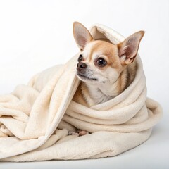 Chihuahua Wrapped in Blanket on White Background
