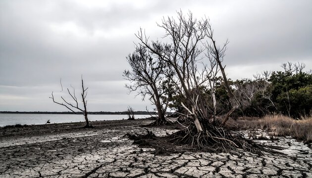 Dry, cracked land with bare trees