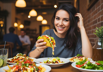 Joyful woman savoring delicious tacos and enjoying a vibrant meal at a trendy restaurant, radiating happiness and satisfaction with every bite of her flavorful Mexican cuisine.
