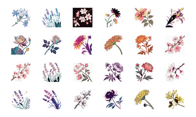 Set of 24 Beautiful Colorful Floral Illustrations Featuring Lavender, Lotus, Roses, Daisies, Gerbera, Hibiscus, Lilies, Peonies, Orchids, Cherry Blossoms, and Plumeria Flowers in Elegant Botanical Ar