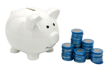 White piggy bank with a slot and stacks of coins next to it on a black background in a studio shot created with generated ai
