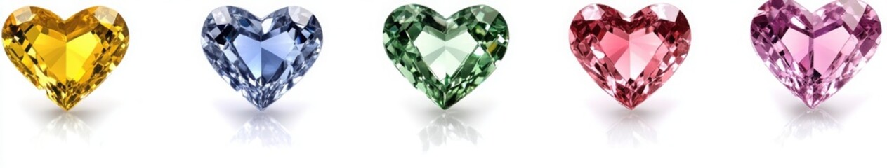 Fototapeta premium Five Colorful Gemstone Hearts On White Backgrounds