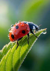Fototapeta premium Vibrant ladybug glistening with morning dew perched on a fresh green leaf