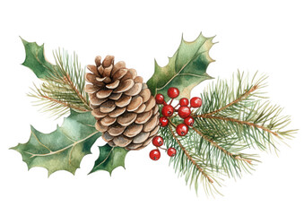 Christmas pine cone and holly branch with red berries isolated on transparent background