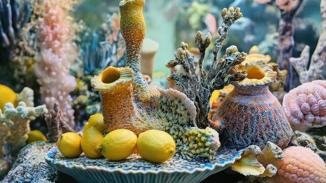 A variety of colorful corals, shells and other marine life on a dive table.
