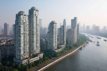 Fototapeta premium Urban Cityscape with Modern Skyscrapers and River View at Sunrise