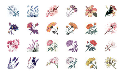 Set of 24 Beautiful Colorful Floral Illustrations Featuring Lavender, Lotus, Roses, Daisies, Gerbera, Hibiscus, Lilies, Peonies, Orchids, Cherry Blossoms, and Plumeria Flowers in Elegant Botanical Ar