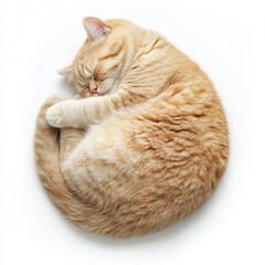 Fluffy Orange Cat Sleeping Curled Up On White Background
