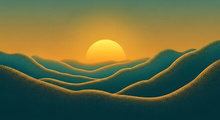 Serene Horizon: A minimalist landscape with a setting sun over gentle hills