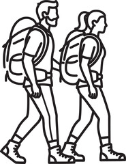 A line drawing of a man and a woman carrying large backpacks while hiking