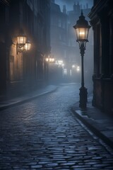 Foggy Cobblestone Street At Night With Gas Lamps