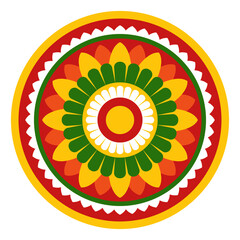 Top view of colorful pookalam or flower rangoli for Onam, the harvest festival of Kerala, isolated on a white background. A bright floral pattern as a symbol of Indian culture and tradition from above