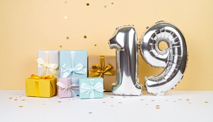 Nicely wrapped presents and number 19. Photo for birthday or anniversary party