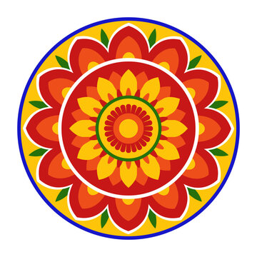 Top view of colorful pookalam or flower rangoli for Onam, the harvest festival of Kerala, isolated on a white background. A bright floral pattern as a symbol of Indian culture and tradition from above