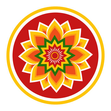 Top view of colorful pookalam or flower rangoli for Onam, the harvest festival of Kerala, isolated on a white background. A bright floral pattern as a symbol of Indian culture and tradition from above
