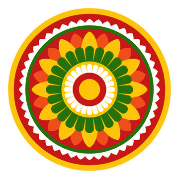 Top view of colorful pookalam or flower rangoli for Onam, the harvest festival of Kerala, isolated on a white background. A bright floral pattern as a symbol of Indian culture and tradition from above
