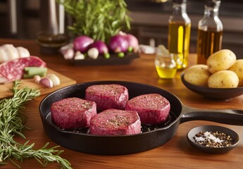 Four Seared Steaks with Herbs and Potatoes