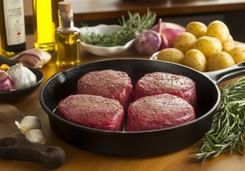 Four Seasoned Steaks in Cast Iron Skillet with Potatoes and Herbs