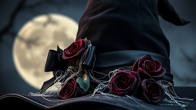 A velvet witch hat adorned with silver cobwebs and black satin ribbon, set against a mysterious moonlit Halloween backdrop.