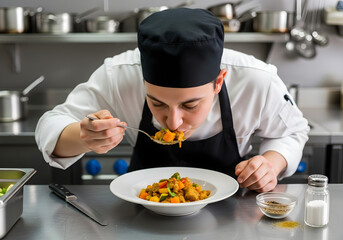 Skilled chef intently tasting a flavorful dish in a professional restaurant kitchen, expertly preparing culinary creations with passion and precision.