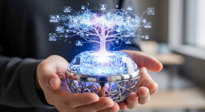 Person holding large diamond with glowing holographic network of business icons, concept of core value, technology, and valuable data