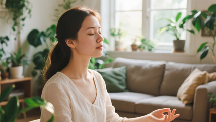 Beautiful young woman enjoying morning meditation in cozy living room, healthy lifestyle concept for mental wellness and peaceful spiritual practice at home