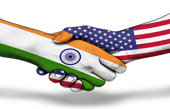 Handshake of India and America national flags. USA and India cooperation and coalition symbol. Media use image for wars, conflicts, alliances, reconciliations and agreements. 